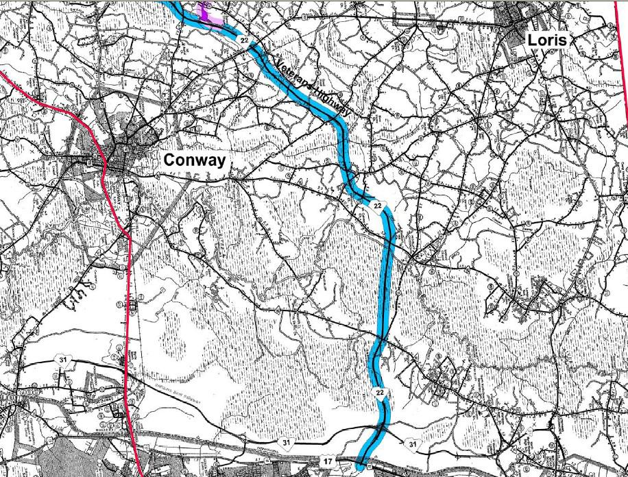 ADDENDUM 9 Map 3 Map 3 Close-up map showing existing SC 22 (in blue) between US 17 and the proposed I-73 alignment (in pink) A B C D Myrtle Beach E Existing Interchanges along SC 22 (future I-73) as