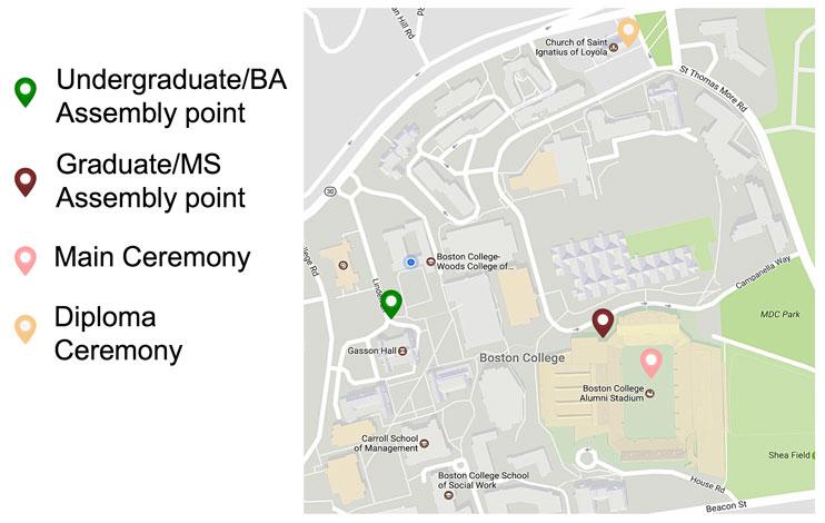 Commencement Day - Monday, May 21, 2018 Timeline 8:15 a.m. All graduates should be in the assembly areas 9:15 a.m. Family and guests should be seated in Alumni Stadium 9:15 a.m. The academic procession for the University Commencement begins 10:00 a.