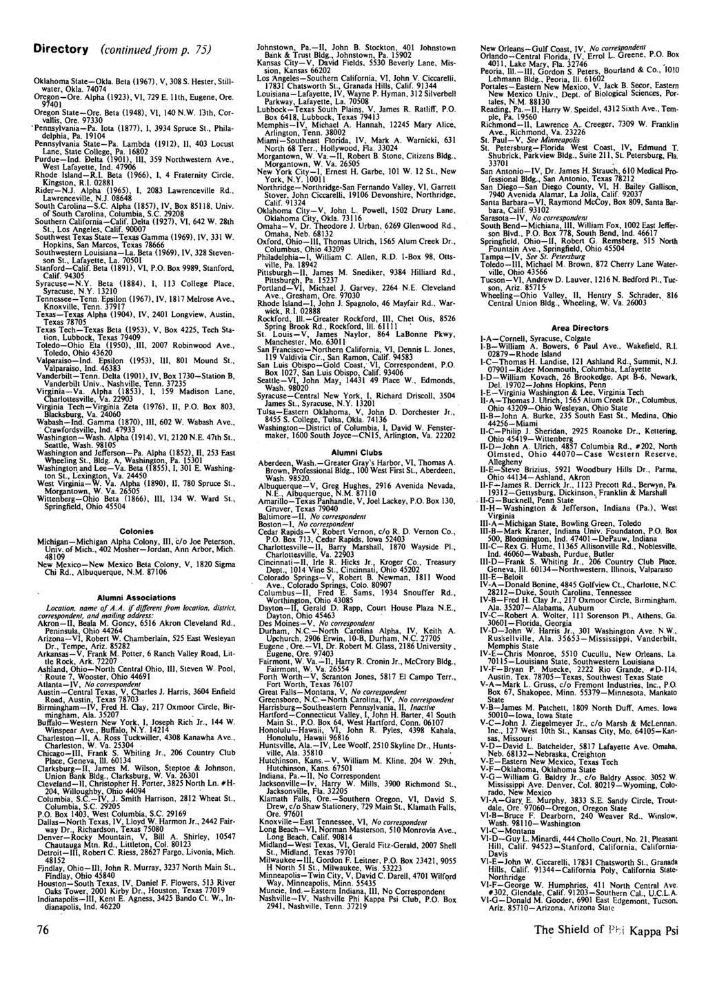 Directory (continued from p. 75) Oklahoma State-Okla. Beta (1967), V, 308 S. Hester, Stillwater, Okla. 74074 Oregon-Ore. Alpha (1923), VI, 729 E. llth, Eugene, Ore. 97401 Oregon State-Ore.