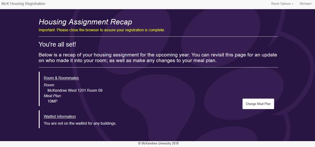 20. Once you have submitted your verification, you will be taken to a page titled Housing Assignment Recap.