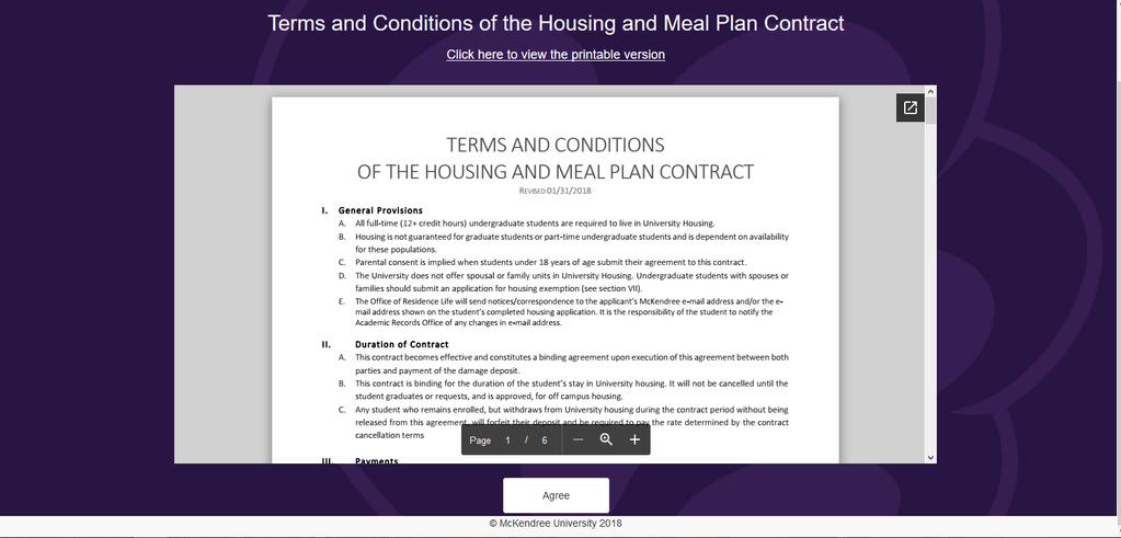 2. Review the Housing and Meal Plan Terms and Conditions and click agree at the