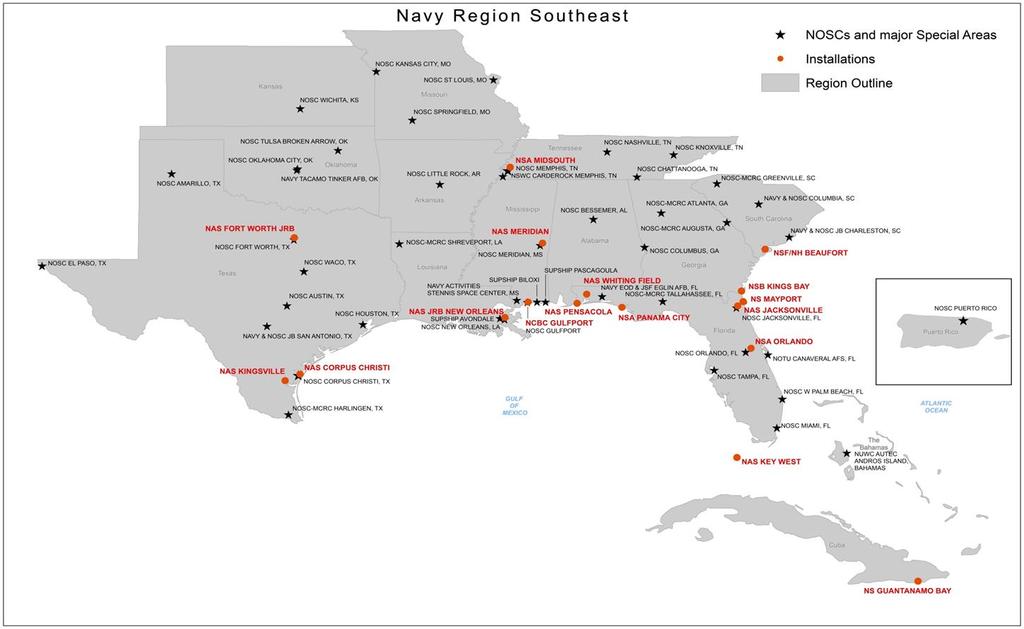 Navy Region Southeast 70 Runways 60 Piers & Wharfs 6,106 Buildings 39 NOSCs