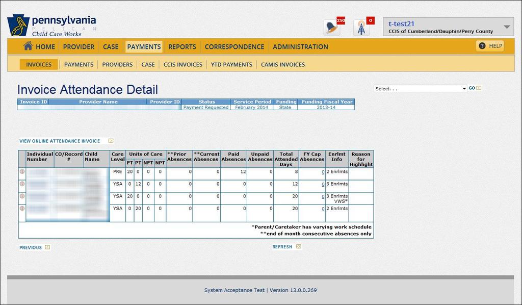 The Invoice Attendance Detail page will help the CCIS track absences for the year.