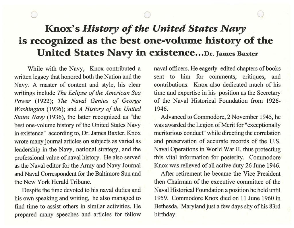 I<nox's History of the United States Navy is recognized as the best one-volume history of the United States Navy in existence... Dr.