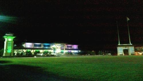 the field in front of JubliIntan Hall is well-decorated with colourful lights.