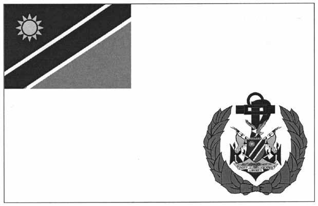 the National Flag of Namibia; the lower fly canton being charged with the Namibian Air Force Badge with the height of the full achievement being one half of the width of the flag with its centre