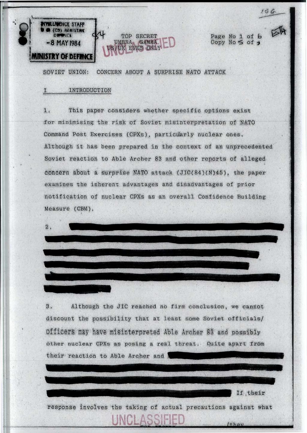 I. U MCE STAFF i (ca) Rf6istMV onpr:ck -8 MAY 1984 Page No 1 of 6 Copy No -S of y i / UK' EYES ONLY r!minismy Of Df $ CE SOVIET UNION : CONCERN ABOUT A SURPRISE NATO ATTACK INTRODUCTION 11.
