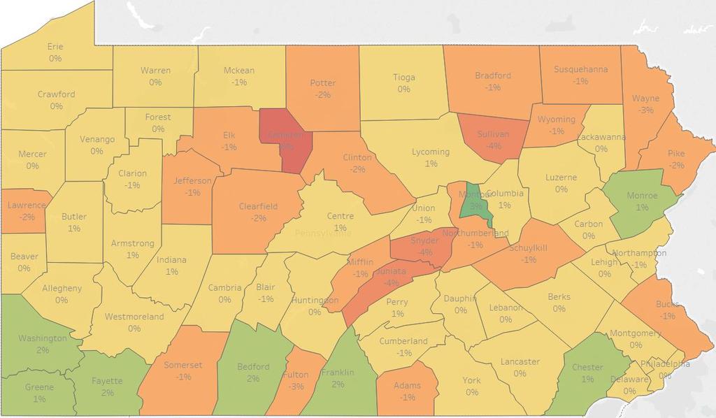 County Recovery from the Recession The maps below display Pennsylvania by county, and shows the percent change in annualized job counts against a 2007 baseline.