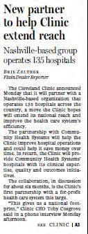 Strategic Alliance - Community Health Systems (CHS) One of the nation s largest publiclytraded hospital companies headquartered in Tennessee 135 hospitals operating in non-urban and mid-size markets