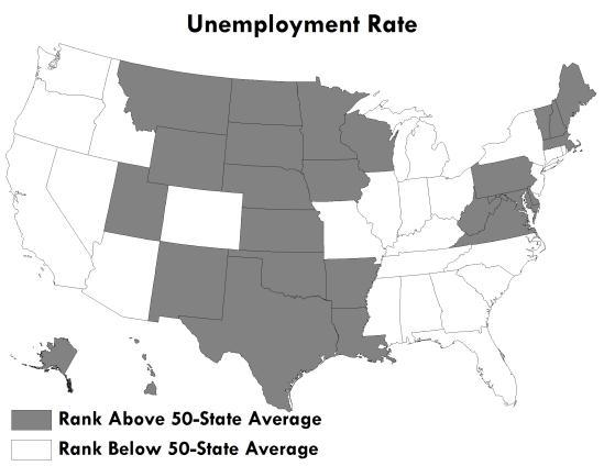 4. Unemployment Rate Rank Rate 1 North Dakota 3.5 2 Nebraska 4.4 3 South Dakota 4.7 4 New Hampshire 5.4 5 Vermont 5.6 6 Iowa 5.9 7 Wyoming 6.0 8 Oklahoma 6.2 8 Virginia 6.2 10 Minnesota 6.