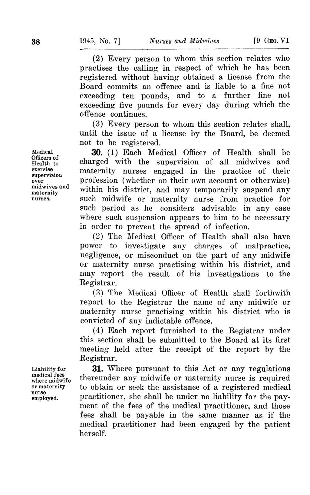 38 Medical Officers of Health to exercise supervision over midwives and maternity nurses. Liability for medical fees where midwife or maternity nurse employed. 1945, No.