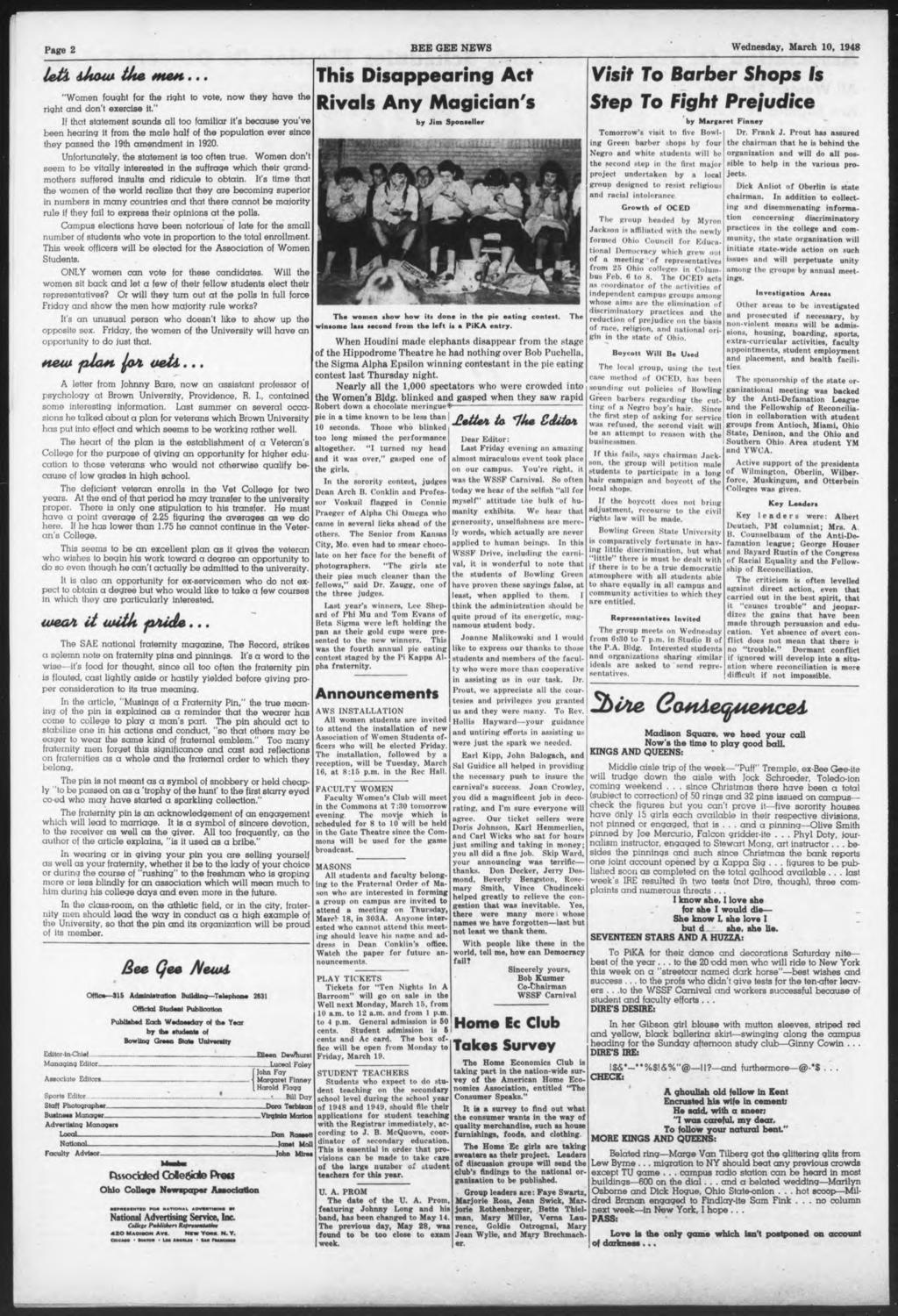 Page 2 BEE GEE NEWS Wednesday, March 10, 1948 letii ikoua the men... "Women fought for the right to vote, now they have the right and don't exercise it.