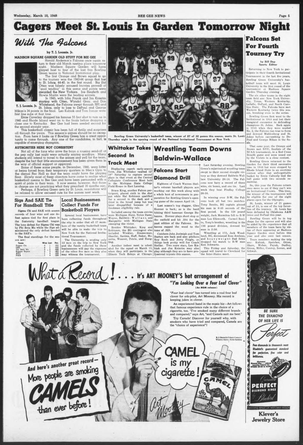 Wednesday, March 10, 1948 BEE GEE NEWS Page 6 Cagers Meet St. Louis In Garden Tomorrow Night WUU "lite. QalcotU T. I. Loomia. Jr.