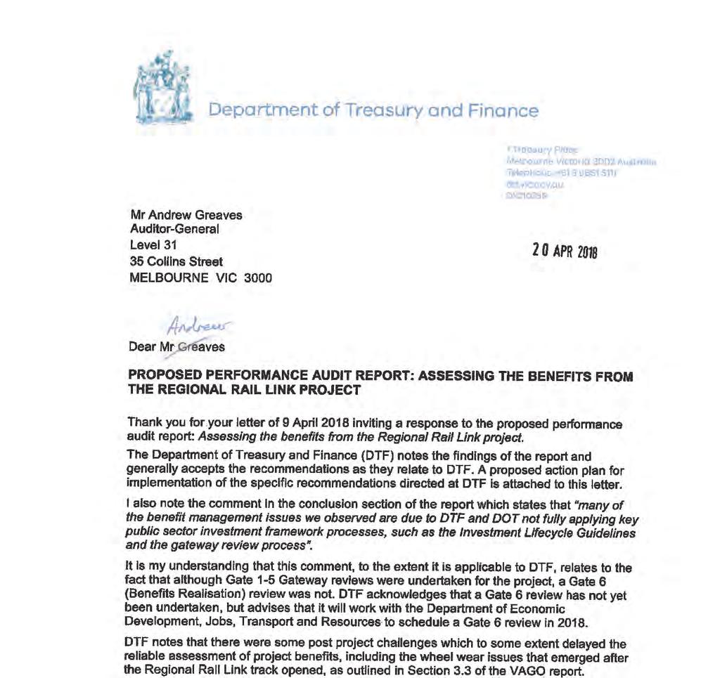 RESPONSE provided by the Secretary, DTF Victorian Auditor General