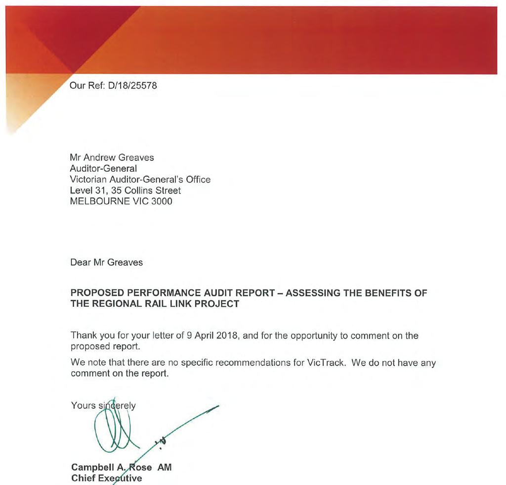 RESPONSE provided by the Chief Executive, VicTrack Victorian Auditor