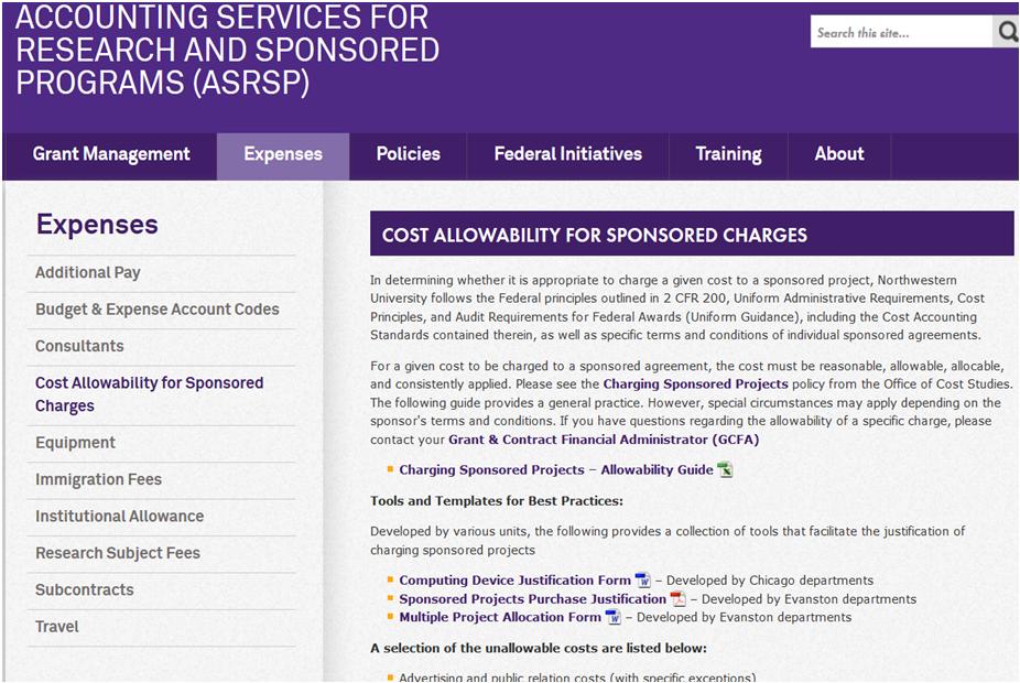Bookmark This Page! http://www.northwestern.edu/asrsp/expenses/cost-allowability-for-sponsored-charges.
