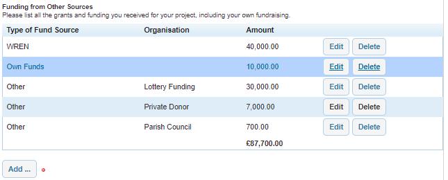 Use the drop down box to choose the type of funding you are adding: WREN, Own Funds, In kind, or other.