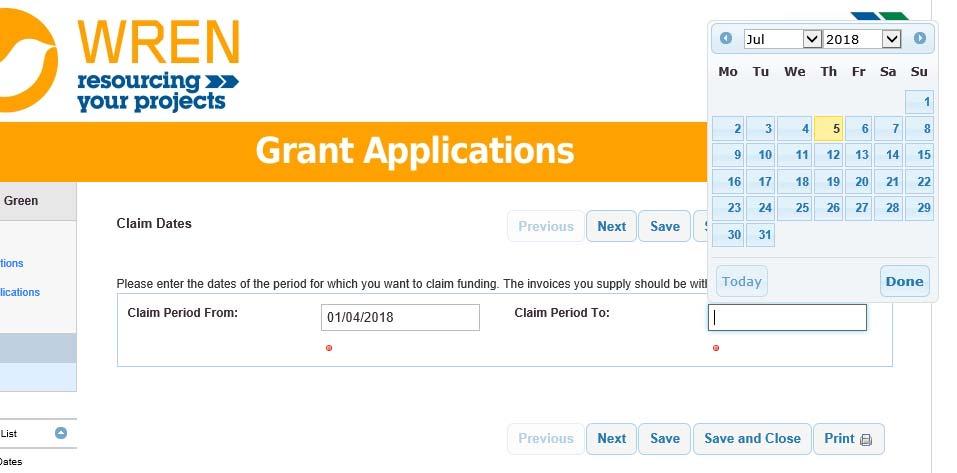 The invoices you supply should be dated within this date range: Click Next This will take you to the Grant Claim form.