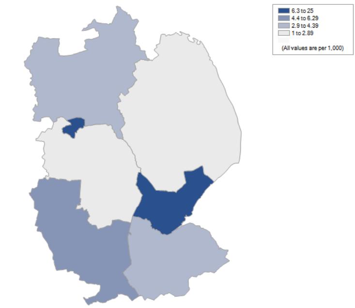 those aged 15-64 years) was consistently lower than the estimates for either the East Midlands or England.