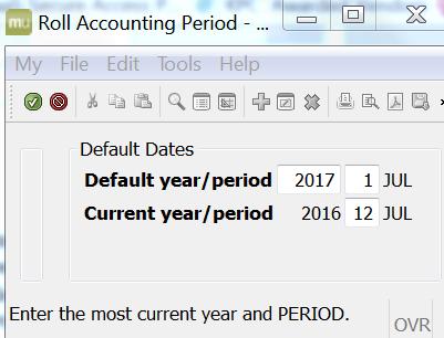 JULY 1 ST SET DEFAULT YEAR AND PERIOD UPDATE THE SET HOLDING YEAR OPEN FLAG JUNE INVOICES Enter in a batch