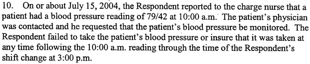On or about July 14, 2004, during a patient assessment, the Respondent confused the greater than (» and less than «) symbols in Porter Hospital's written protocol relative to the amount of Valium