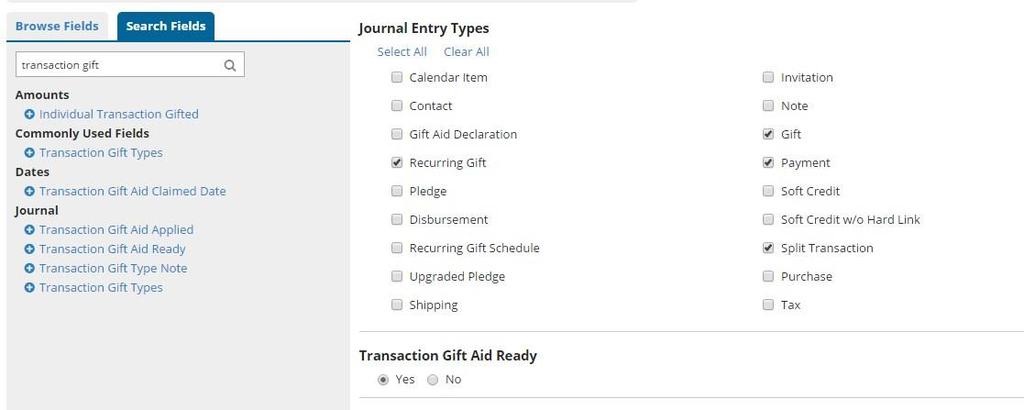 Fields: Transaction Gift Aid Ready- Yes Journal Entry Types- Gift, Payment, Split Transaction, Recurring Gift Transaction