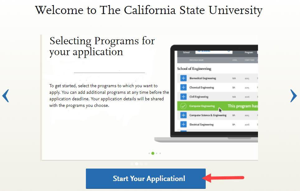 View the welcome page information, navigating using the arrows on the left and right sides of the image. Select Start Your Application.