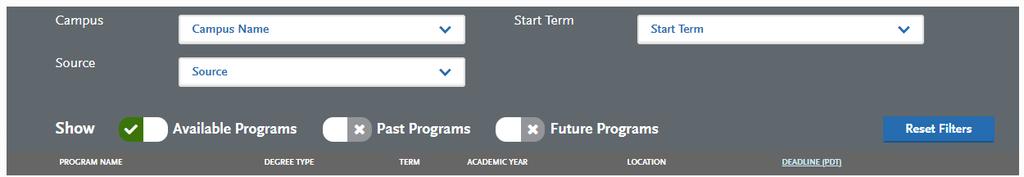 Select Programs 2.1 Use filters to find programs to which you want to apply. Filters include Campus, Source and Start Term. The default display will always include available programs.