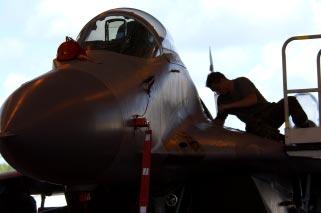 current adversary aircraft. Above, a German crew chief works on his MiG.