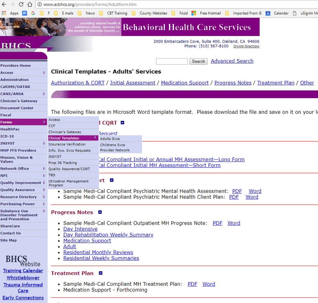 Clinical Forms on BHCS Provider Site