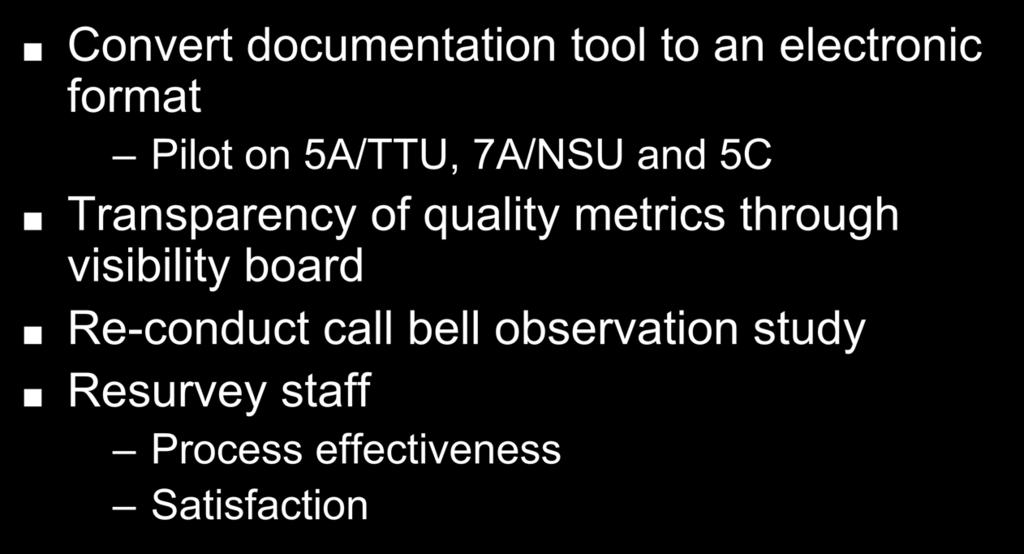 Follow Up Convert documentation tool to an electronic format Pilot on 5A/TTU, 7A/NSU and 5C Transparency of quality