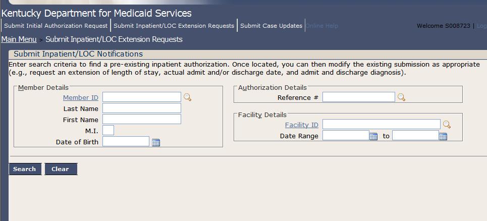 Step 2. Use the search fields to locate the current Inpatient authorization which needs to be updated.