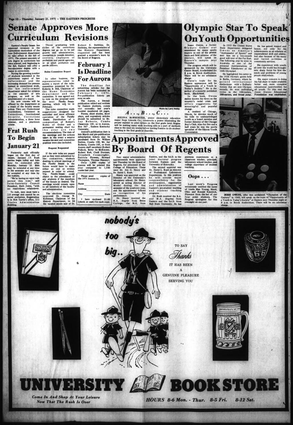 Page 10 - Thursday, January 21, 1971 - THE EASTERN PROGRESS Jl Senate Approves More Currculum Revsons Eastern's Faculty Senate has approved revsons n the correctons currculum of the Law Enforcement