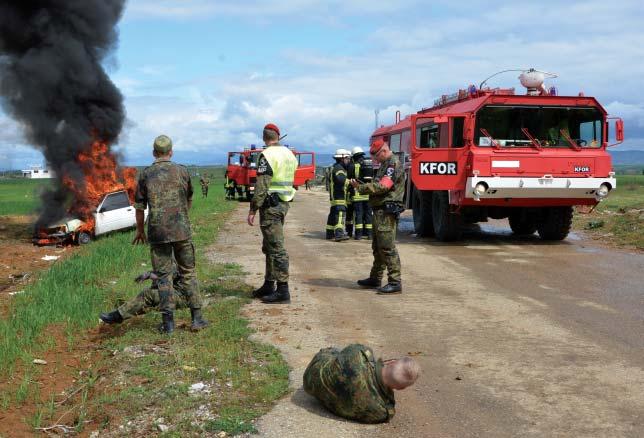 A combined KFOR and EULEX Task Force comprised of KFOR Military Police, a KFOR Fire Brigade Unit and a EULEX (European Union Rule of Law) helicopter, tested their capabilities during a staged