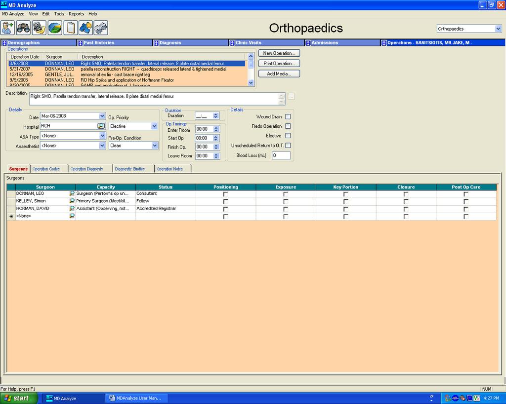 Main Functions Recording Operations Each department will determine what common set of information they will enter for an operation. An example of the Operation screen.