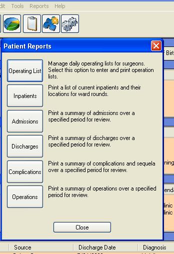 Other Features Reporting Periodic Reporting Two reports have been customised for the RCH. They are the Admissions Report and the Complications Report.