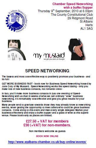 Forthcoming Diary Dates 2010 Thursday, 9th September Speed Networking Evening 6.00pm County Constitutional Club til 9.