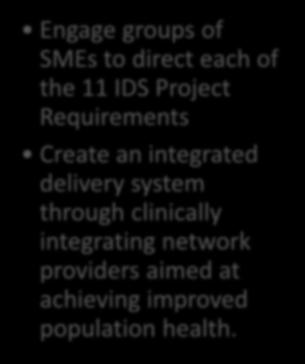 BUILDING AN INTEGRATED DELIVERY SYSTEM (2AI) Approach Engage groups of SMEs to direct each of the 11 IDS Project