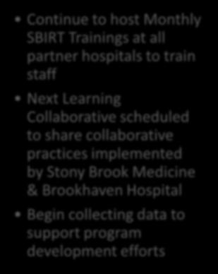 Steps Continue to host Monthly SBIRT Trainings at all partner hospitals to train staff Next Learning Collaborative scheduled to share collaborative practices
