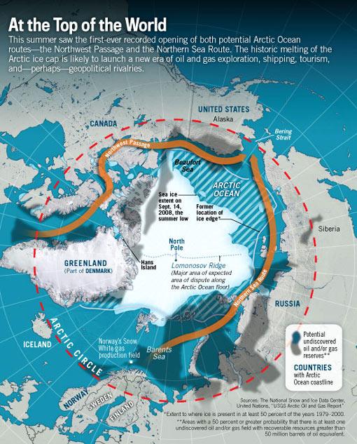 Figure 1. Arctic Sea Ice Extent in September 2008, Compared with Prospective Shipping Routes and Oil and Gas Resources Source: Graphic by Stephen Rountree at U.S. News and World Report, http://www.