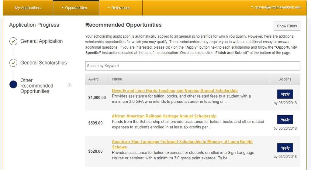 Click on the yellow scholarship name to read the full criteria for each Recommended Opportunity.