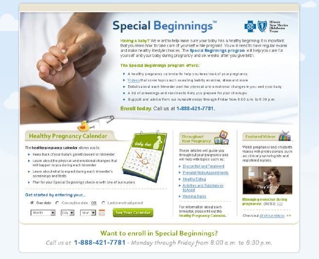 Special Beginnings WEB A calendar informing moms of what to expect during each week of pregnancy.