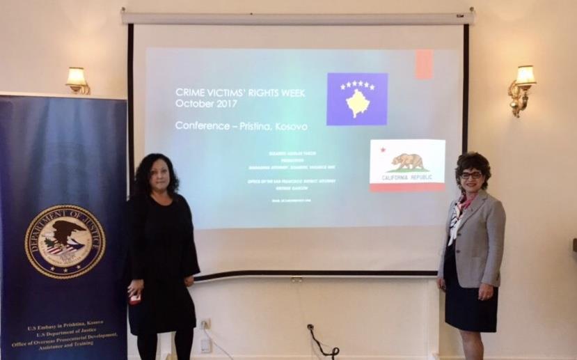 Chief of Victim Services Gena Castro Rodriguez and Assistant District Attorney Liz Aguilar-Tarchi speak at a Crime Victims Rights Conference in Pristina, Kosovo. TRAINING 107 presentations.