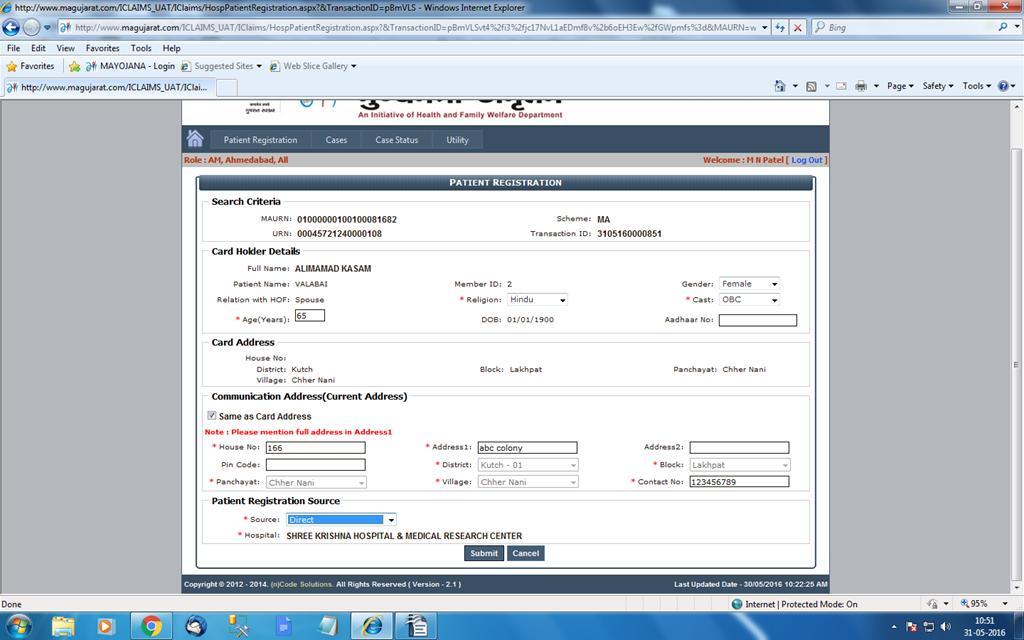 3.2. Patient Registration Now AM enters the patients details and select patient source and click on submit.