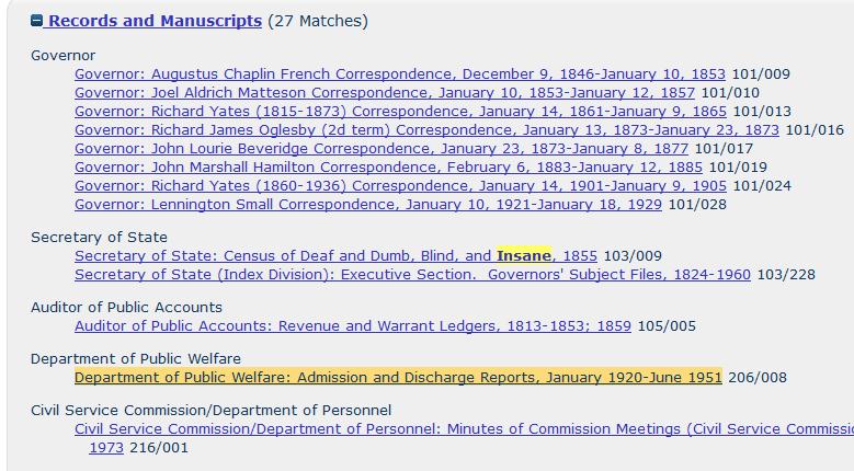 For instance, a search for the keyword insane brings up twelve different RG numbers including Federal census record collections, Department of Public Welfare, Department of Corrections as well as