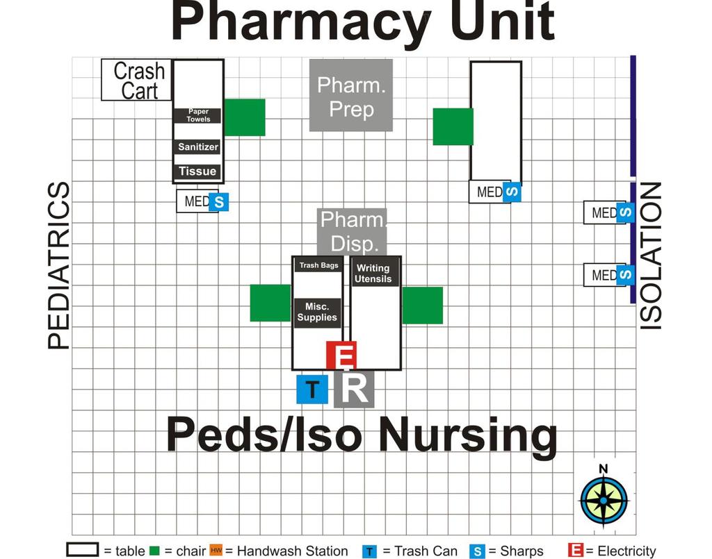 Diagram 10: Team F: Pharmacy Unit Peds/Iso Nursing BLEACHERS Team F 1. On the northwest table near Pediatrics, place the: tissue, sanitizer, and paper towels. 2.
