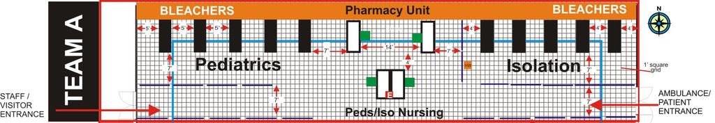 Diagram 3: Team A: Pediatrics, Pharmacy, Peds/Iso Nursing, & Isolation Team A will begin at the southeast corner of the gymnasium: 1. Place the five Isolation beds a.