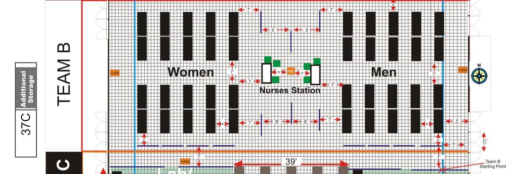 Diagram 4: Team B: Womens / Mens Patient Areas Team B will begin 4 from the Starting Point Partition (southeast corner of Men s Unit), 7 from the east wall. 1. Place the Men s beds a.