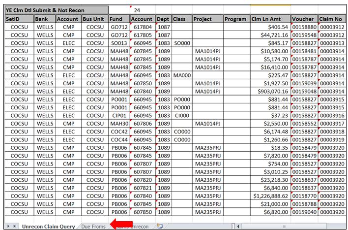 YEAR END 4. In the Excel sheet with the output from Query 2 labeled Due Froms, insert a column to the left of the column labeled State GL Account.