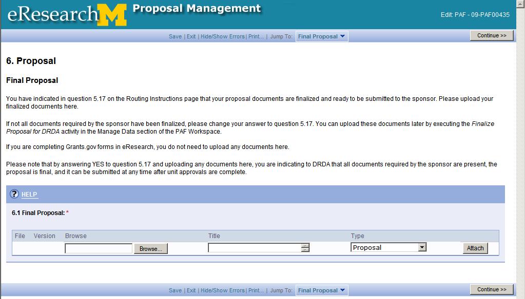 Upload Final Proposal Documents PAF